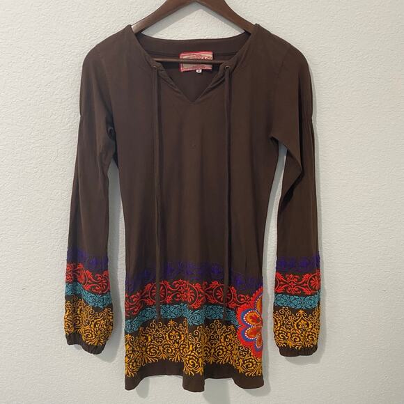 Johnny Was Tops - Johnny Was JWLA Womens Tunic Top S Embroidered Vibrant Long Sleeve Runs Small